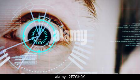 Composition of data processing over an wide open eye in background Stock Photo