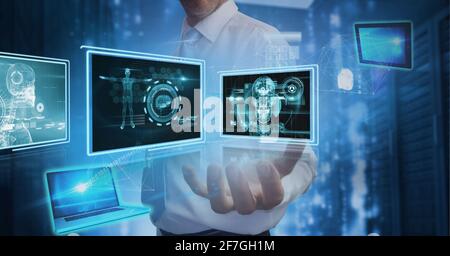 Composition of data processing over caucasian man hand in background Stock Photo