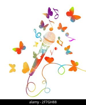 Multicolored microphone with butterflies and notes. Cartoon vector icon isolated on white background mic. Vector illustration Stock Vector