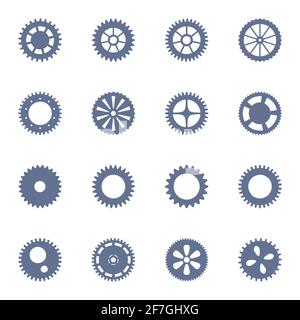 Vector set of simple isolated gears. Cogwheel icons. Clock mechanism, industry. Stock Vector