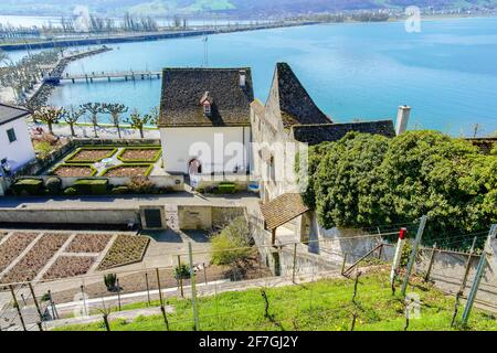 The house of music and City fortifications in the west, Rapperswil. Canton St. Gallen, Switzerland. The Einsiedlerhaus, owned by the Einsiedeln Abbey Stock Photo