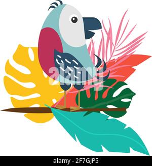 A tropical bird sits on a branch with leaves. Stock Vector