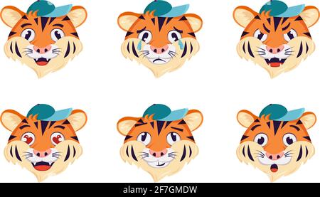 A set of tiger with different emotions. Cheerful, sad or angry symbol of the year. Wild animals of africa Stock Vector