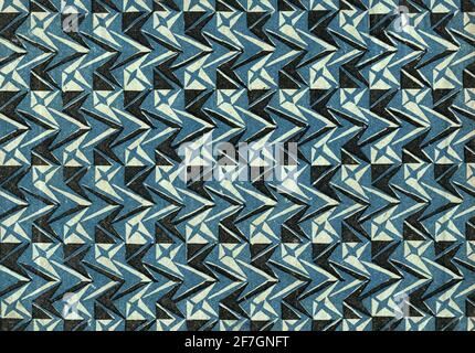 Antique wallpaper pattern with blue and black engraved shapes in cubist style Stock Photo