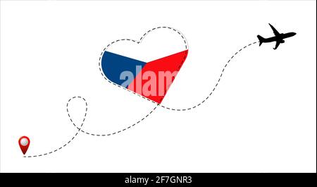 Airplane flight route with the czech republic flag inside the heart. Travel to your beloved country. Vector flat illustration. Stock Vector