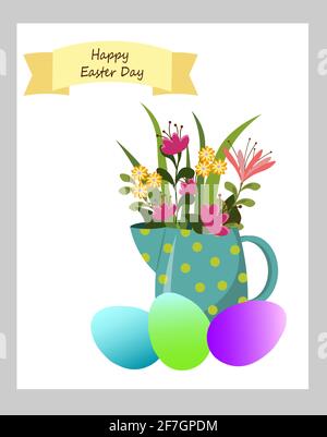 Easter card with jug, flowers and eggs.  Stock Vector
