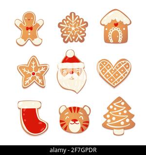 Gingerbread christmas cute cookies set. Biscuit charecters for new year design. Vector catroon illustration. Stock Vector