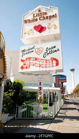 A Little White Wedding Chapel in Las Vegas, Nevada has been the site of many quick celebrity weddings. It is noted for its Drive-Thru Tunnel of Vows. Stock Photo