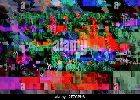 Bad screen with digital broken signal and colored static noise, glitch effect Stock Photo