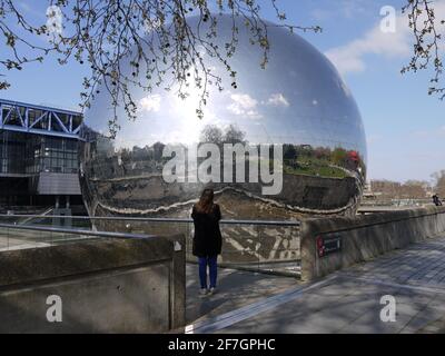 La Geode, a giant mirrorball in Paris, La Vilette, a part of science and technology museum Stock Photo