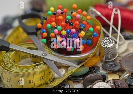 Various sewing utensils in close-up Stock Photo