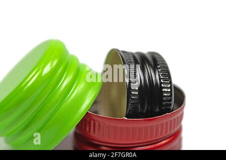 Close-up of old aluminum bottle caps Stock Photo