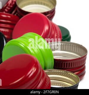 Close-up of old aluminum bottle caps Stock Photo