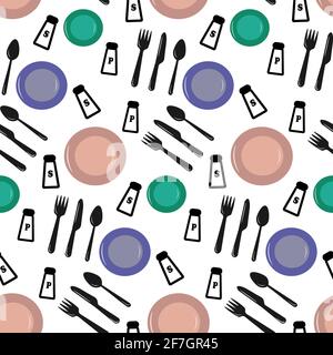 Cutlery pattern - plates, spoons, forks, knife and spices. Stock Vector