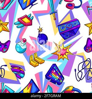 Seamless pattern with gaming items. Cyber sports, computer games, fun recreation. Stock Vector