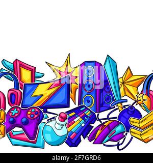 Seamless pattern with gaming items. Cyber sports, computer games, fun recreation. Stock Vector