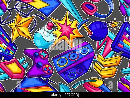 Seamless pattern with gaming items. Cyber sports, computer games, fun recreation. Stock Vector