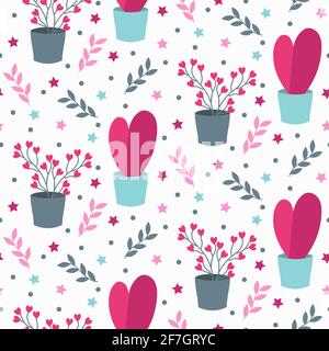 Valentines day pattern. Flowers in pots, stylized hearts. Stock Vector
