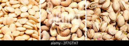 Assorted nuts and dry fruits. Colorful healthy vegan food background. Healthy food banner Stock Photo