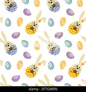 Pattern with cartoon Easter bunnies and flowers.  Stock Vector