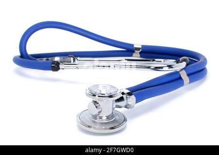 Blue medical stethoscope or phonendoscope isolated on white background. Medical equipment Stock Photo
