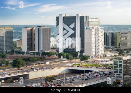 Aerial view of Brasilia and Banco do Brasil headquarters building and South Banking Sector - Brasilia, Distrito Feder Stock Photo