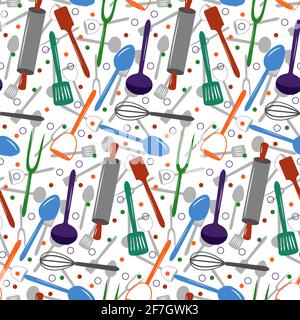 Bright tools for preparing food. Pattern with kitchen tools. Stock Vector