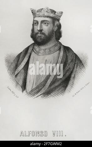 Alfonso VIII of Castile (1155-1214), called the Noble or the one of the Navas. King of Castile from 1158 and King of Toledo. Illustration by Llanta. Lithography. Crónica General de España, Historia Ilustrada y Descriptiva de sus Provincias. Castilla-La Vieja, 1870. Stock Photo