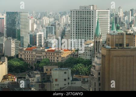 Aerial view of downtown Sao Paulo, Palace of Justice and Se Cathedral - Sao Paulo, Brazil Stock Photo