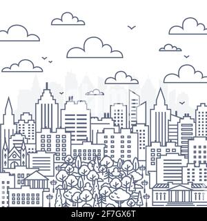 Cityscape line vector illustration - urban landscape in linear style on white background. Stock Vector