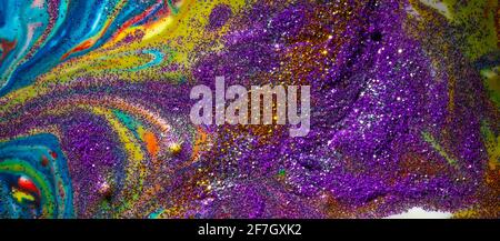 Baner: multicolored acrylic background with curls sprinkled with purple and gold sequins. Contemporary creativity. A colorful avant-garde painting wit Stock Photo