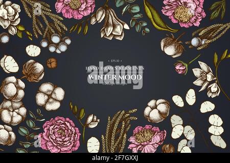 Floral design on dark background with ficus, eucalyptus, peony, cotton, freesia, brunia Stock Vector