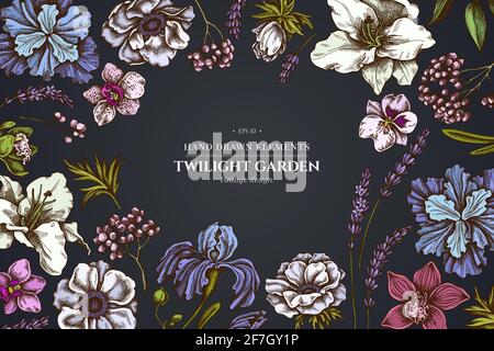 Floral design on dark background with anemone, lavender, rosemary everlasting, phalaenopsis, lily, iris Stock Vector