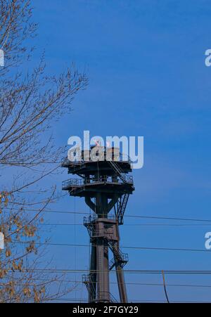 Blast-furnace production. Blast furnace gas outlet consisting of four large diameter pipes. Stock Photo