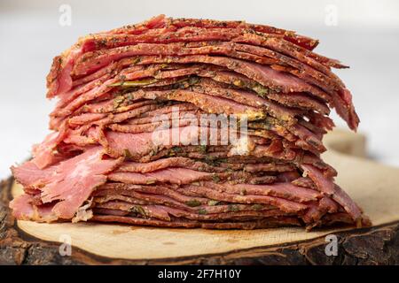 stack of sliced pastrami meat Stock Photo