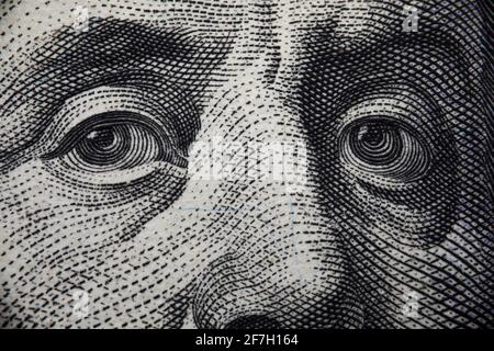 Close-up of benjamin franklins face on hundred banknote Stock Photo