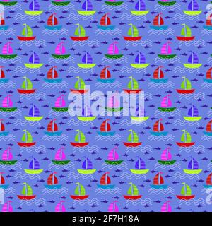 Pattern with ships and fish in the sea. Sea voyage - summer vacation. Stock Vector