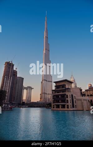 Dec 14th 2020, Dubai, UAE. View of the Burj Park with tourists and residents at evening time with Burj Khalifa in the background captured at Dubai Stock Photo