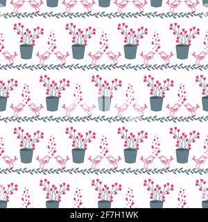 Pattern with flowers, small hearts in a pot and birds.  Stock Vector