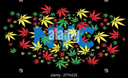 lettering design marijuana leaf inscription nyc on black  background Stock Vector