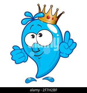 Drop in the crown, king of water. Water Drop Cartoon Mascot Character. Cute natural phenomena in cartoon style. Stock Vector