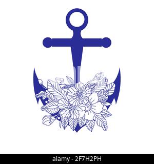Blue anchor with doodle bohemian outline flowers, isolated on white background, marine concept. Hand drawn vector illustration in vintage style. Stock Vector