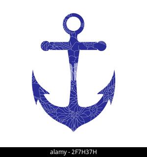 Blue anchor mandala with doodle outline flowers, isolated on white background, marine concept. Hand drawn vector illustration in vintage style. Stock Vector