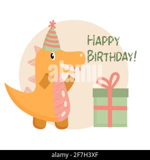 Cute dinosaur in style cartoon, happy birthday. Vector flat illustration. Stock Vector
