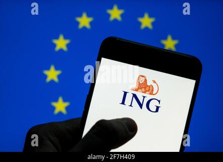 In this photo illustration the Dutch multinational banking and financial services company ING Group logo is seen on an Android mobile device screen with the European Union (EU) flag in the background. Stock Photo