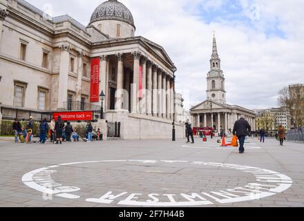 London, UK. 07th Apr, 2021. New busking pitch in Trafalgar Square, London.Under new rules, street performers in Westminster have to apply for a license and can only perform in the designated pitch. (Photo by Vuk Valcic/SOPA Images/Sipa USA) Credit: Sipa USA/Alamy Live News Stock Photo