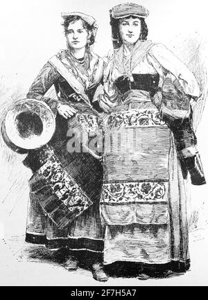 Two women in their costumes  from Trastevere, which is located within the Municipio I.of Rome, Rome, Italy, Southern Europe Stock Photo