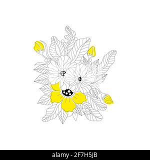 Outline doodle bohemian yellow flowers in black and white for adult coloring books, monocrome floral vector pattern. Stock Vector