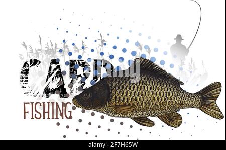 Carp colored Banner Vector Illustration on grungy Background with Reeds Stock Vector