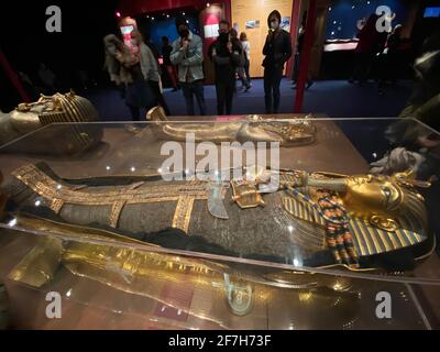 Exhibition of Tutankhamun in Zurich during pandemic time. Tomb and treasures with gold mask and replicas from egypt pharaoh Tutankhamun. 14.03.2021 - Stock Photo